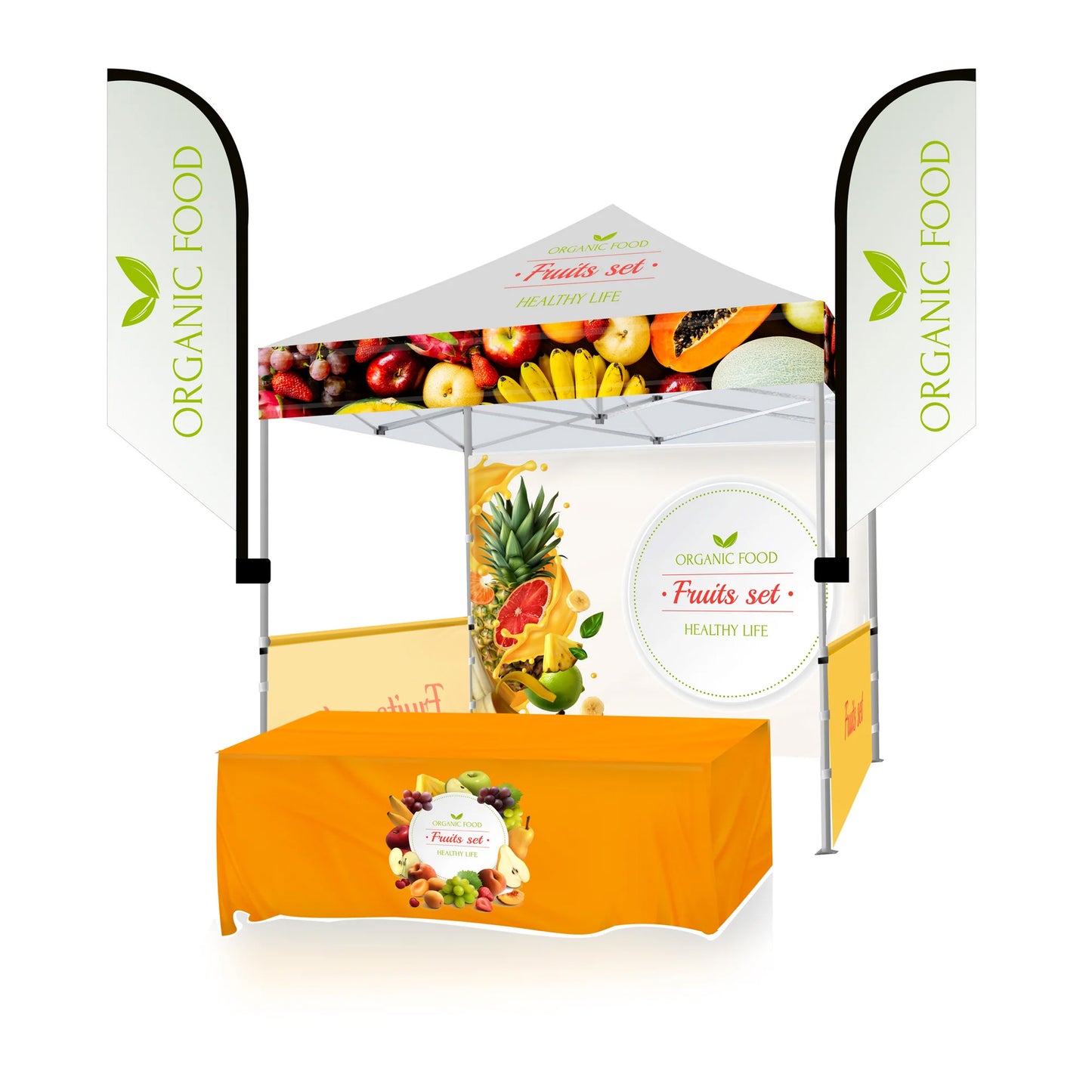 10' X 10' TENT W/ FULL COLOR CANOPY, BACK WALL, SIDE WALLS, 6' TABLE COVER, AND (2) 8' FEATHERED FLAGS