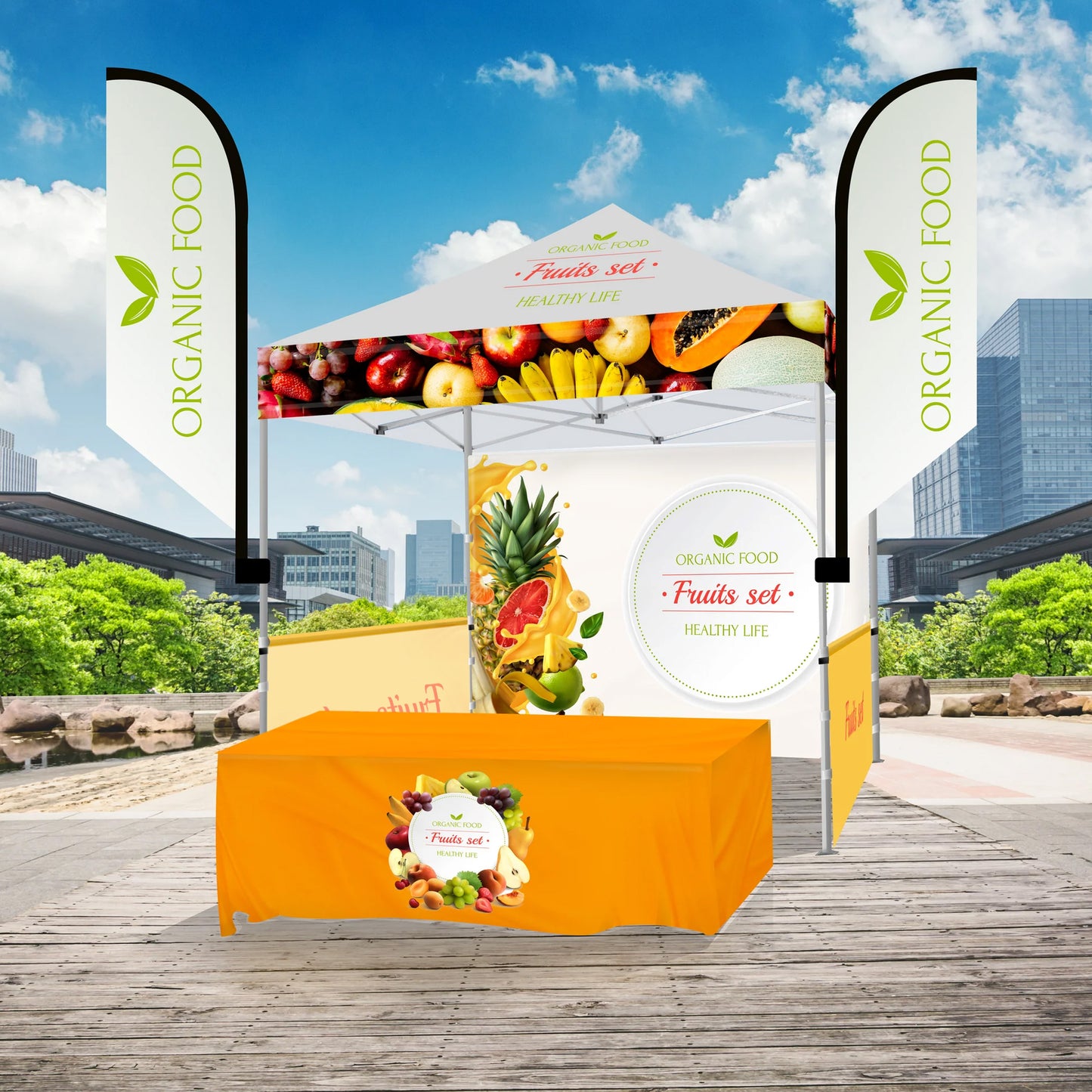 10' X 10' TENT W/ FULL COLOR CANOPY, BACK WALL, SIDE WALLS, 6' TABLE COVER, AND (2) 8' FEATHERED FLAGS