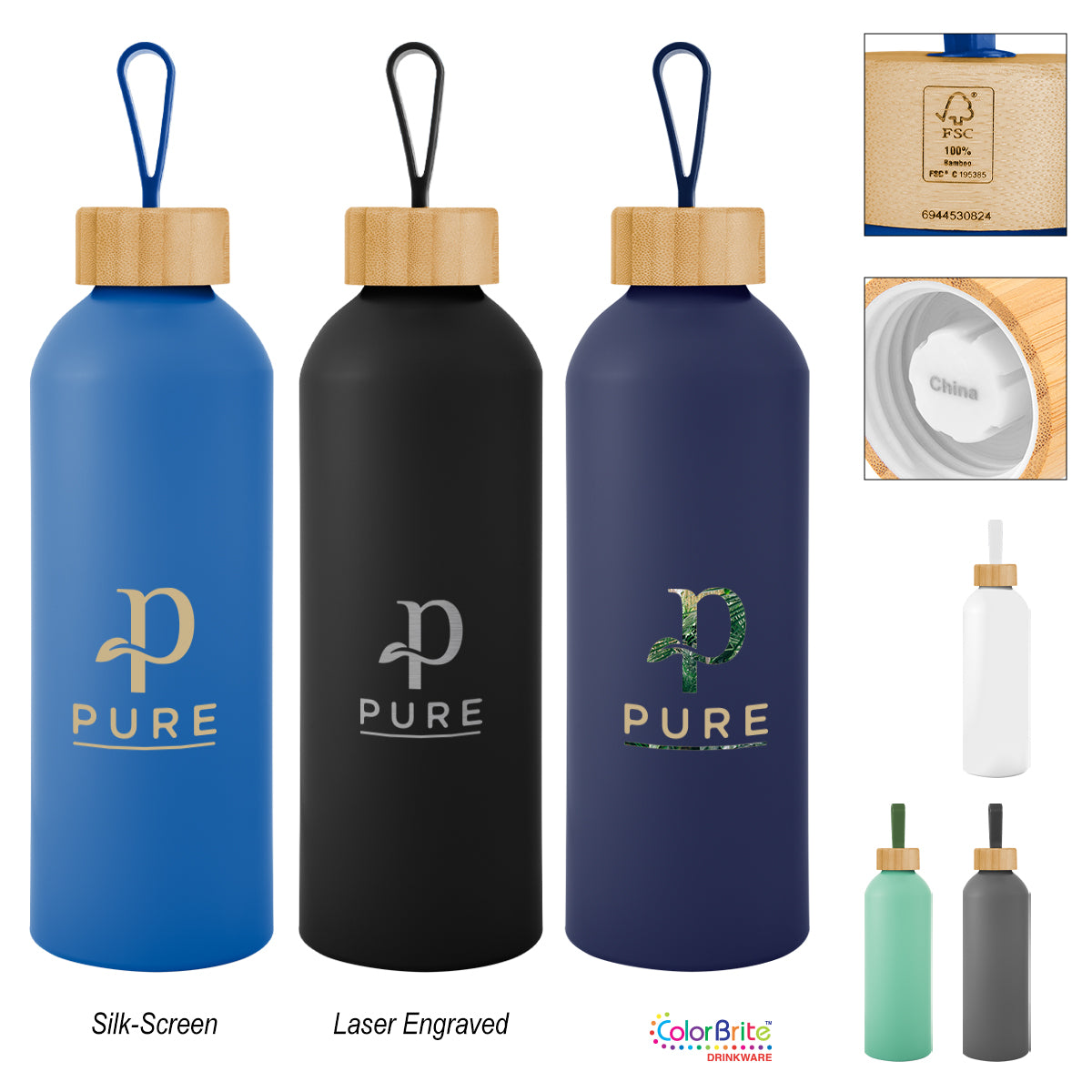 BLACK 25 Oz. Blaire Recycled Aluminum Bottle With Bamboo Lid And Carry Handle plain grouped