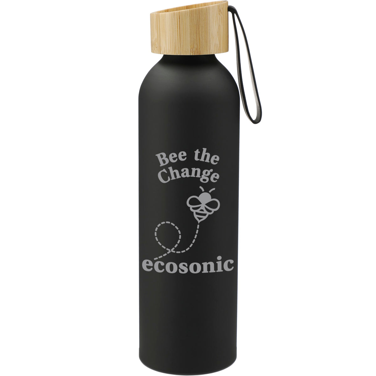 Front View of Black Ryze Aluminum Bottle 22 oz w/ FSC® 100% Bamboo Lid