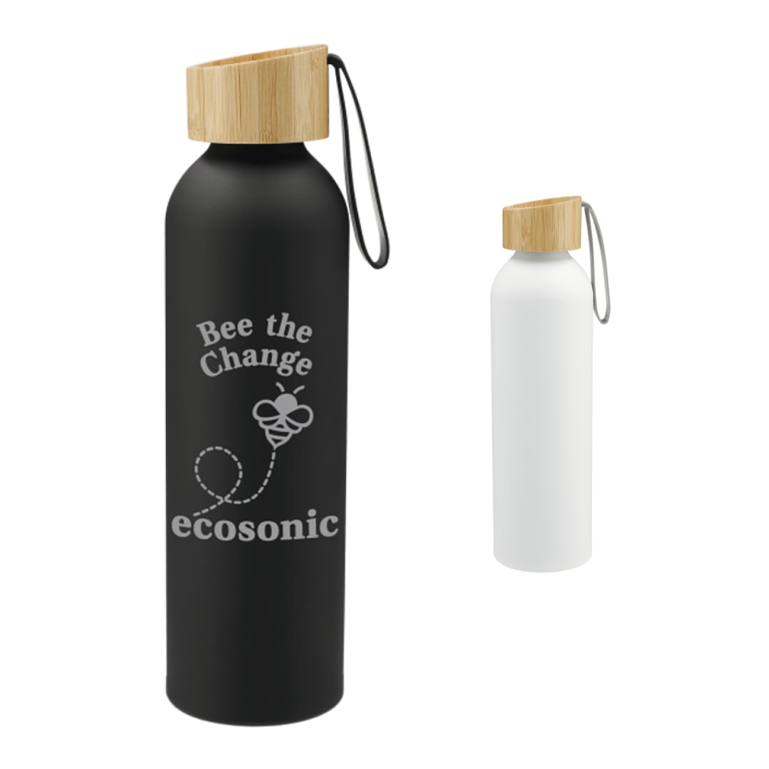 Front View of Black Ryze Aluminum Bottle 22 oz w/ FSC® 100% Bamboo Lid