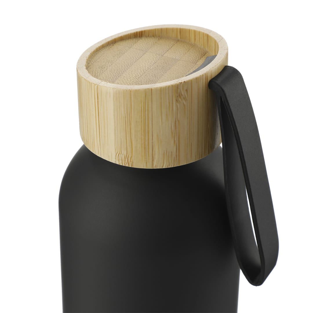 Front View of Black Ryze Aluminum Bottle 22 oz w/ FSC® 100% Bamboo Lid