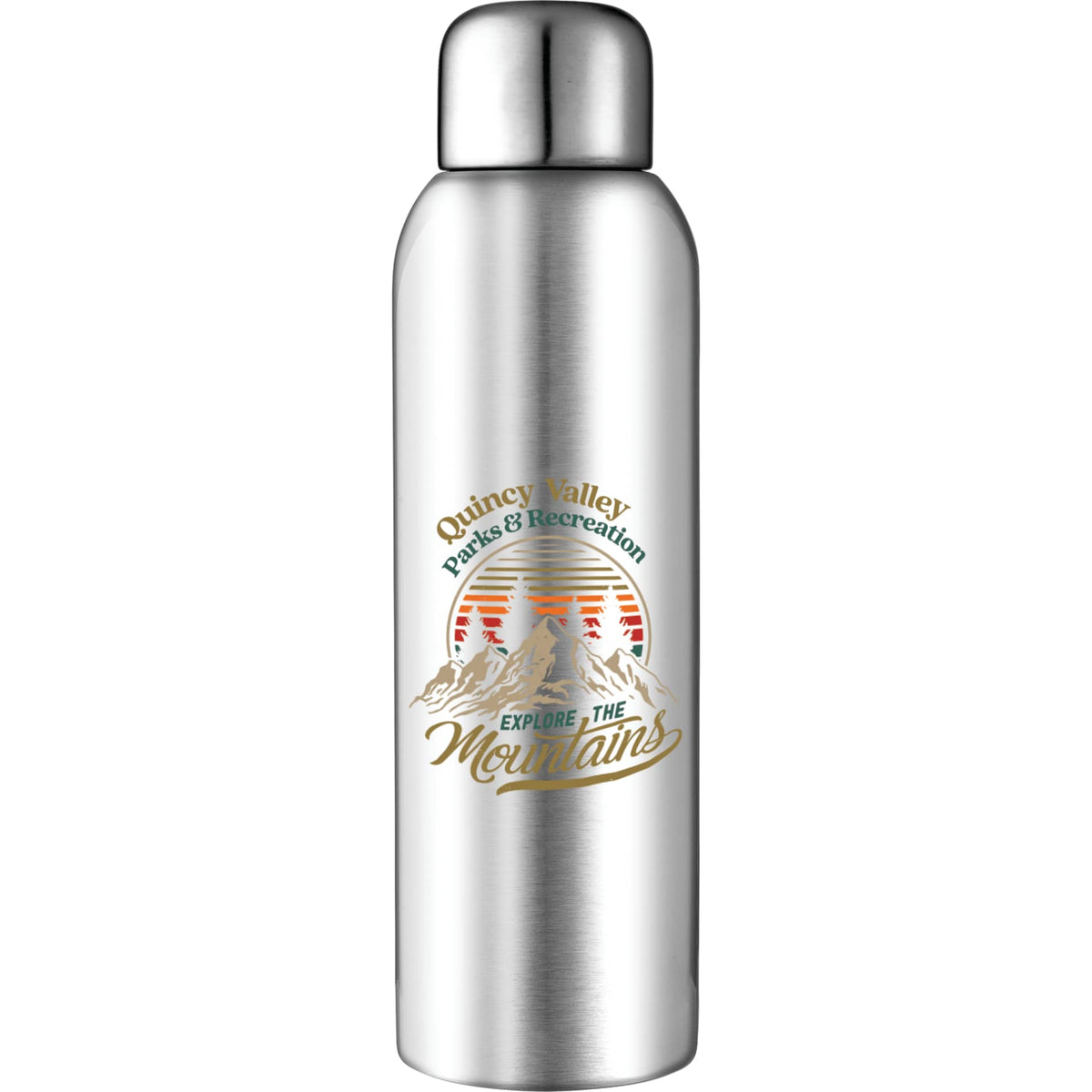 Front View of Silver Guzzle 28oz Stainless Sports Bottle