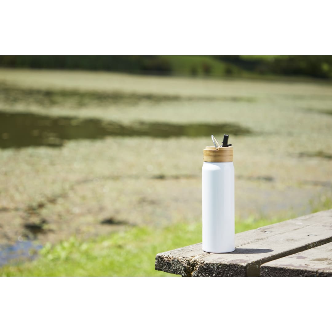 Front View of White Billy 26oz Aluminum Bottle w/ FSC® Bamboo Lid plain