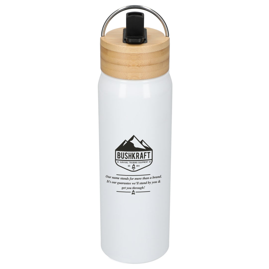 Front View of White Billy 26oz Aluminum Bottle w/ FSC® Bamboo Lid