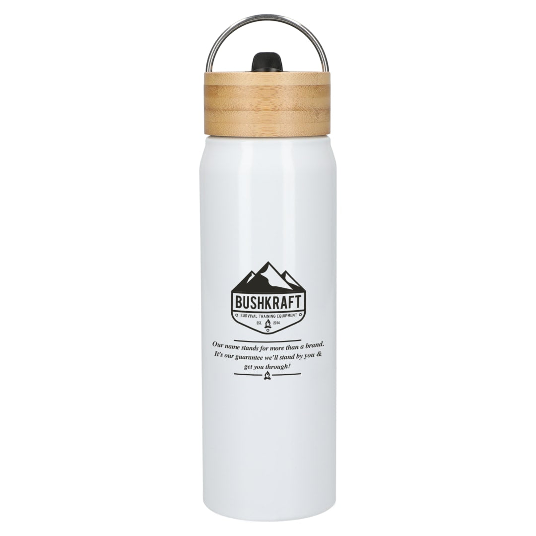 Front View of White Billy 26oz Aluminum Bottle w/ FSC® Bamboo Lid