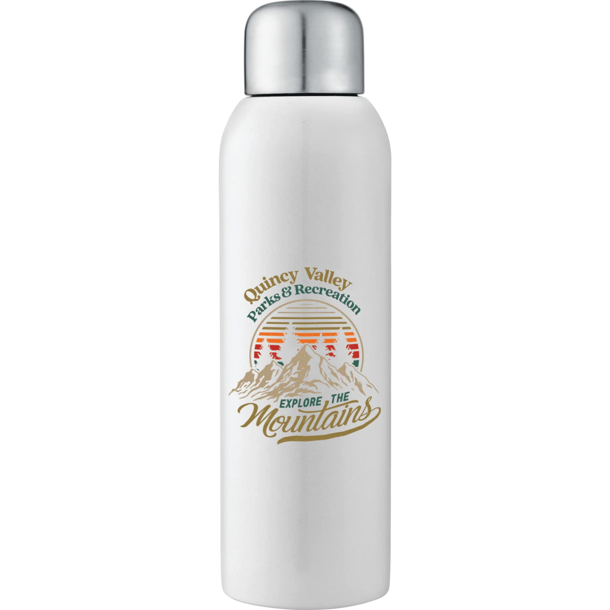 Front View of White Guzzle 28oz Stainless Sports Bottle
