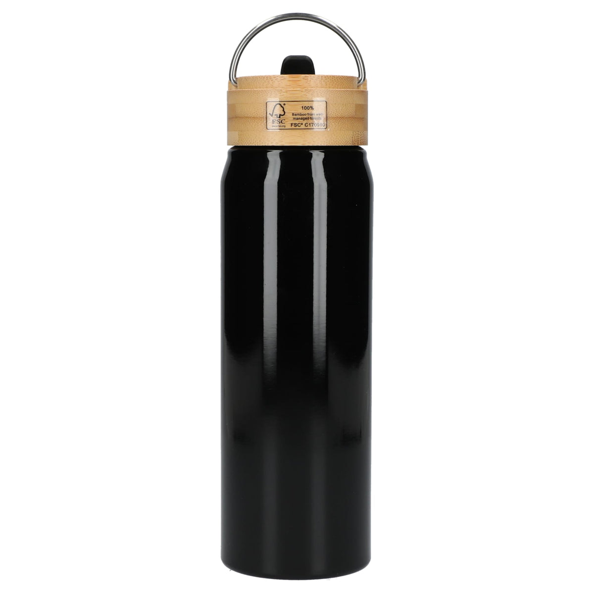 Rear View of Black Billy 26oz Aluminum Bottle w/ FSC® Bamboo Lid plain