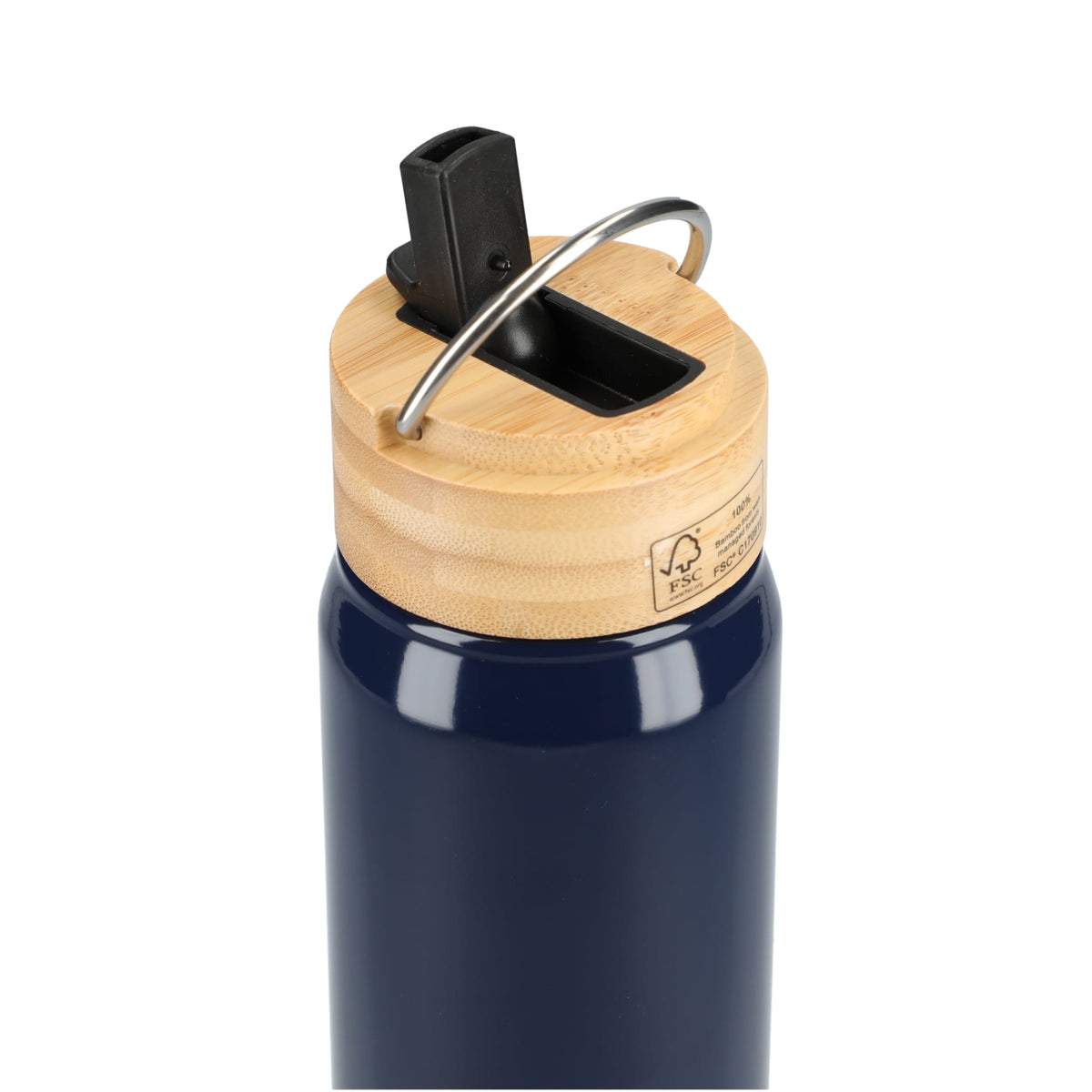 Rear View of Blue Billy 26oz Aluminum Bottle w/ FSC® Bamboo Lid