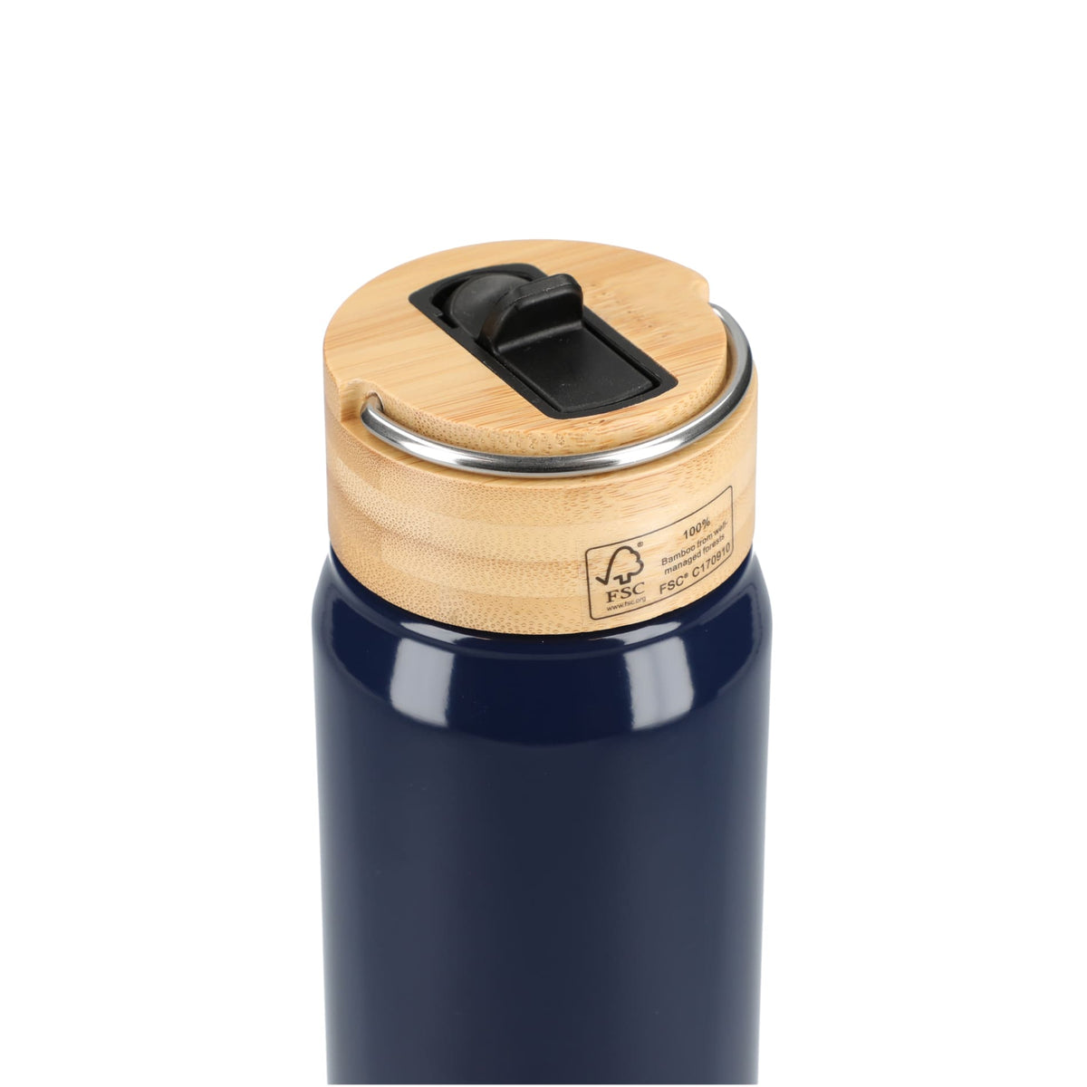 Rear View of Blue Billy 26oz Aluminum Bottle w/ FSC® Bamboo Lid