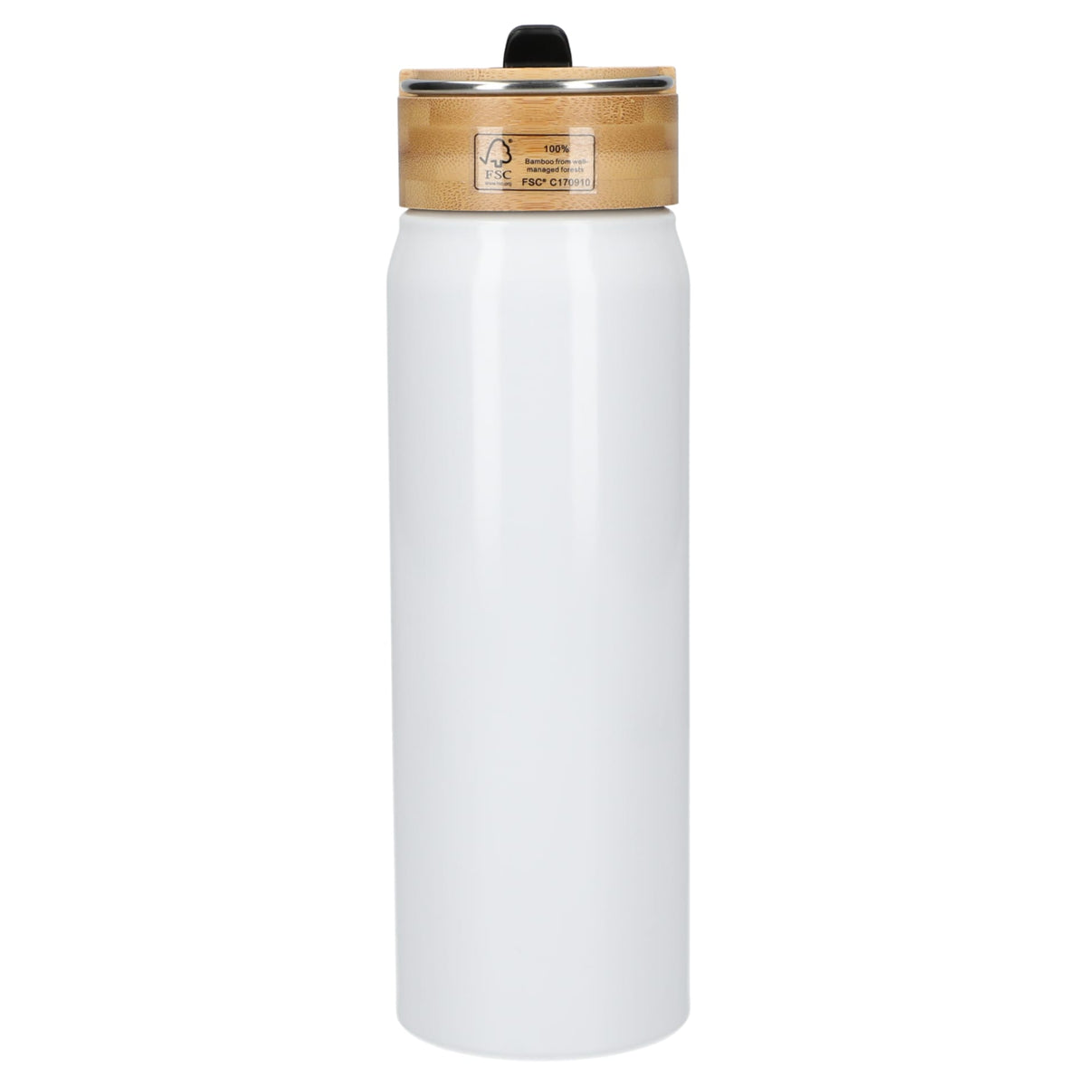 Rear View of White Billy 26oz Aluminum Bottle w/ FSC® Bamboo Lid plain