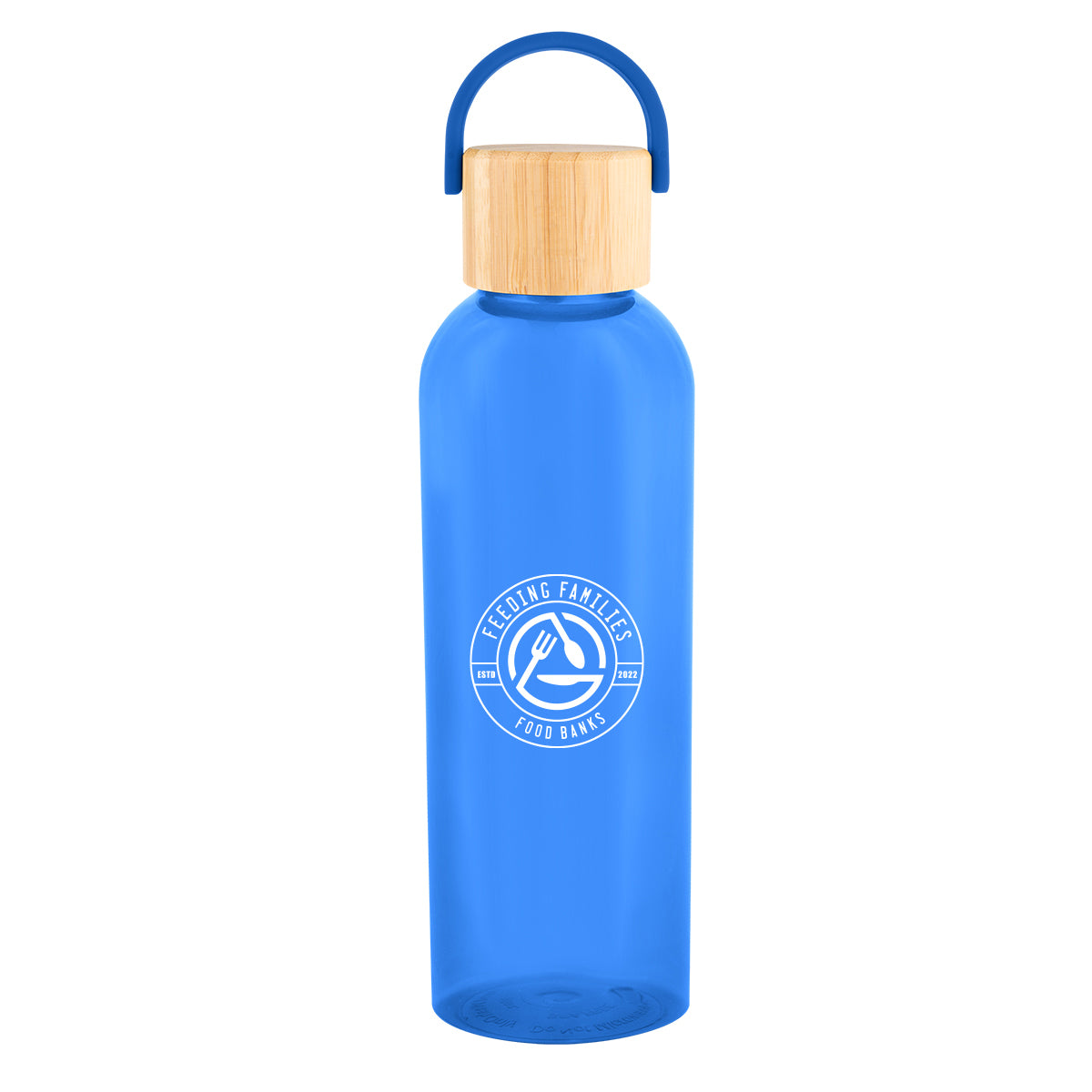 TRANSLUCENT BLUE 20 Oz. Ally rPET Bottle With Bamboo Lid And Easy Carry Handle  grouped