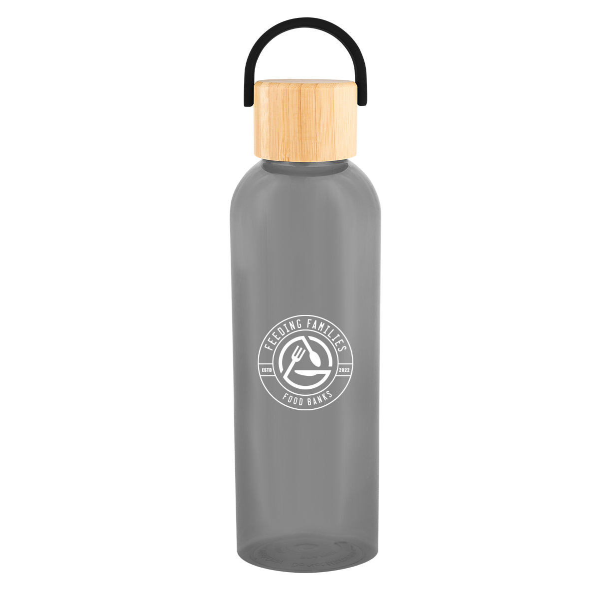 TRANSLUCENT CHARCOAL 20 Oz. Ally rPET Bottle With Bamboo Lid And Easy Carry Handle  grouped